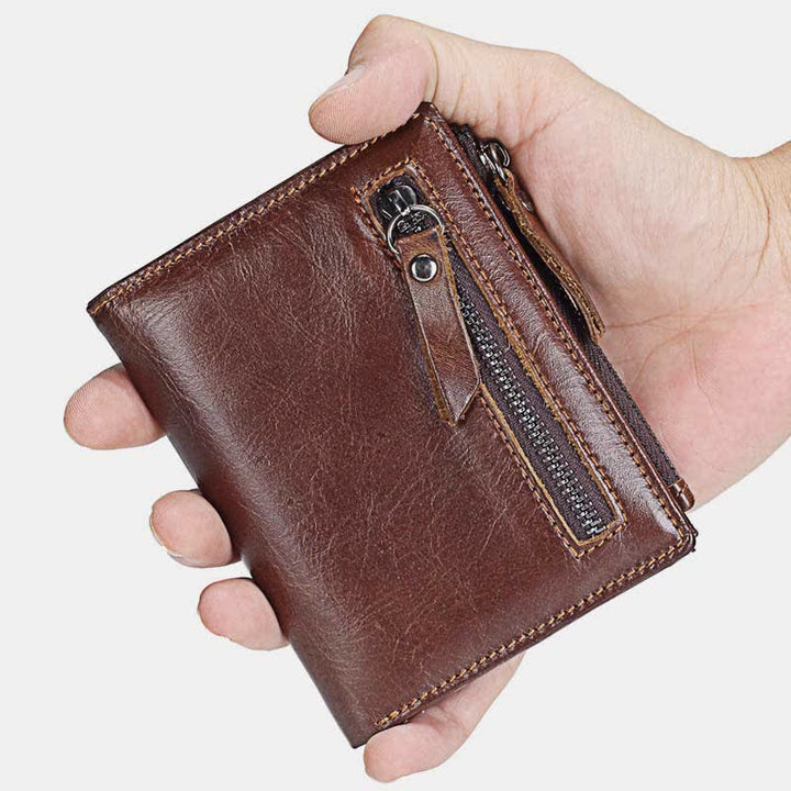 Bifold-Geldbörse für Herren aus echtem Leder mit Kartenhalter und doppeltem Reißverschlussfach