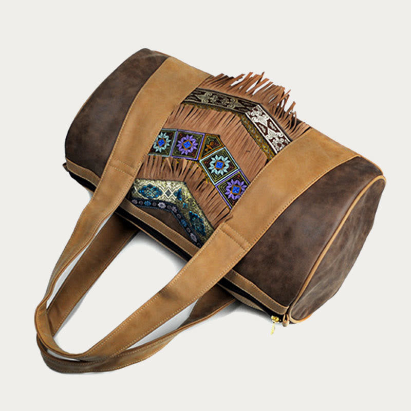 Tote für Damen im ethnischen Stil, PU-Leder, Quaste, Alltagshandtasche