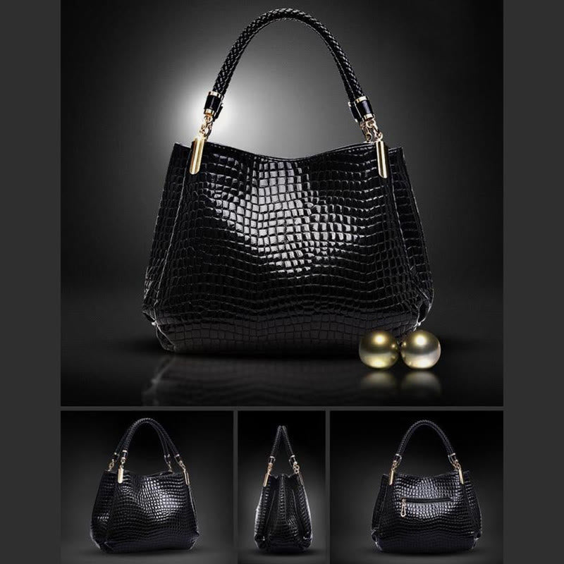Minimalistische Damen-Tasche mit Henkel und Krokodilmuster aus veganem Leder
