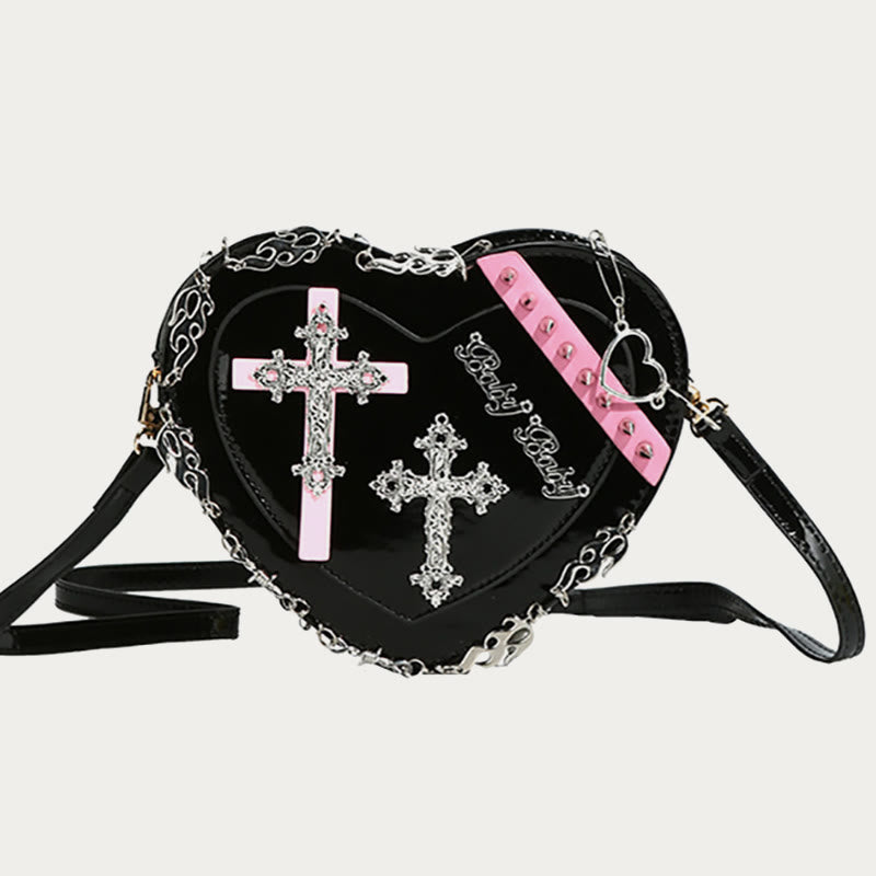 Gothic Herzform Geldbörse Damen Kreuz Nieten Umhängetasche