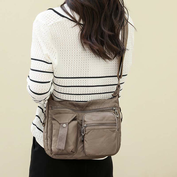 Damen Umhängetasche aus weichem Leder mit zwei Fächern, geräumige Handtasche, Schultertasche