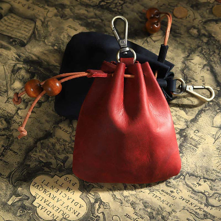 Vintage Münzgeldbörse Echtleder Beutel Brieftasche Kordelzug Aufbewahrungstasche