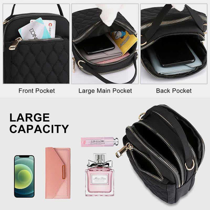 Kleine Umhängetasche für Damen, gesteppte Handtasche mit dreifachem Reißverschluss für Handy