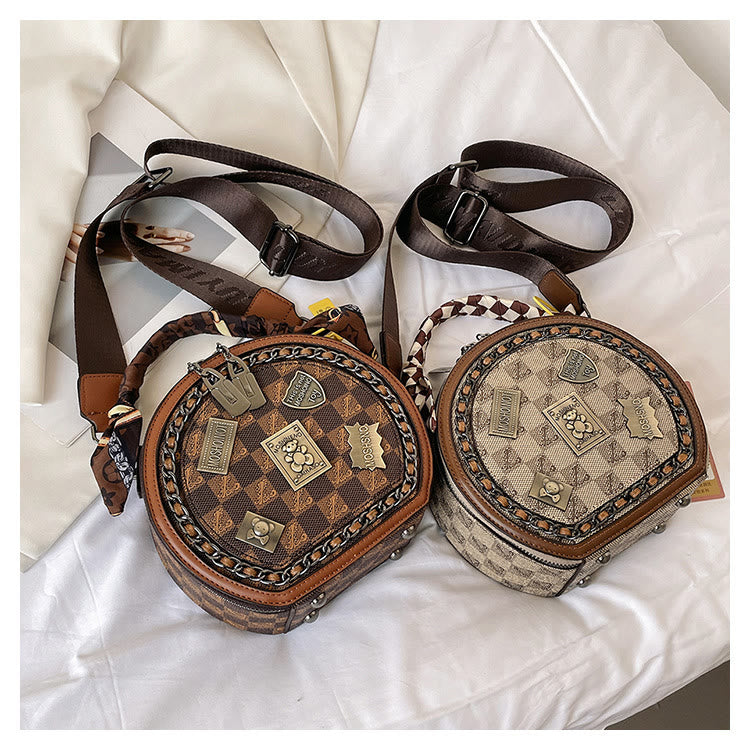 Top-Griff-Tasche für Damen Vintage breite Riemen kleine runde Tasche