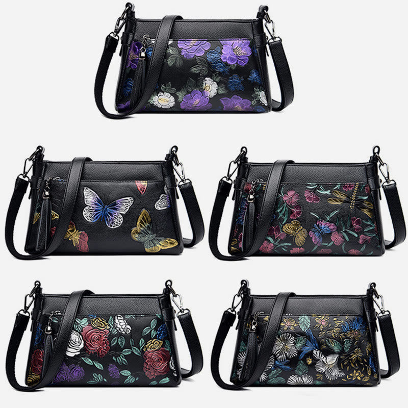 Umhängetasche mit Blumenmuster für Damen, Geldbörse mit Quaste und Libellen-Print