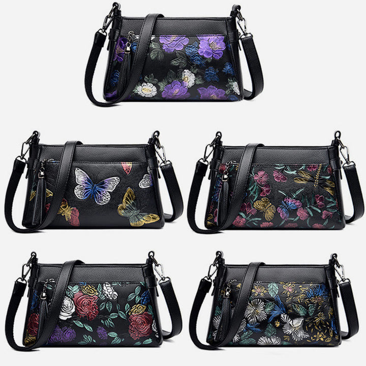 Umhängetasche mit Blumenmuster für Damen, Geldbörse mit Quaste und Libellen-Print