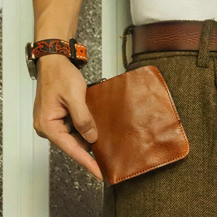 Ledergeldbörse für Herren, doppelt faltbar, Vintage, kurze Geldbörse mit Reißverschluss - image 9