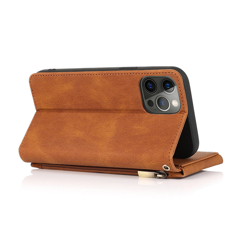 Brieftaschenetui für iPhone Samsung, langlebiges Flip-Lanyard-Gurt-Armband, Reißverschluss, Kartenhalter
