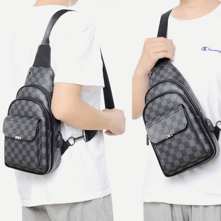 Lässiger Tagesrucksack aus Leder, Schultertasche, Brusttasche mit USB-Ladeanschluss