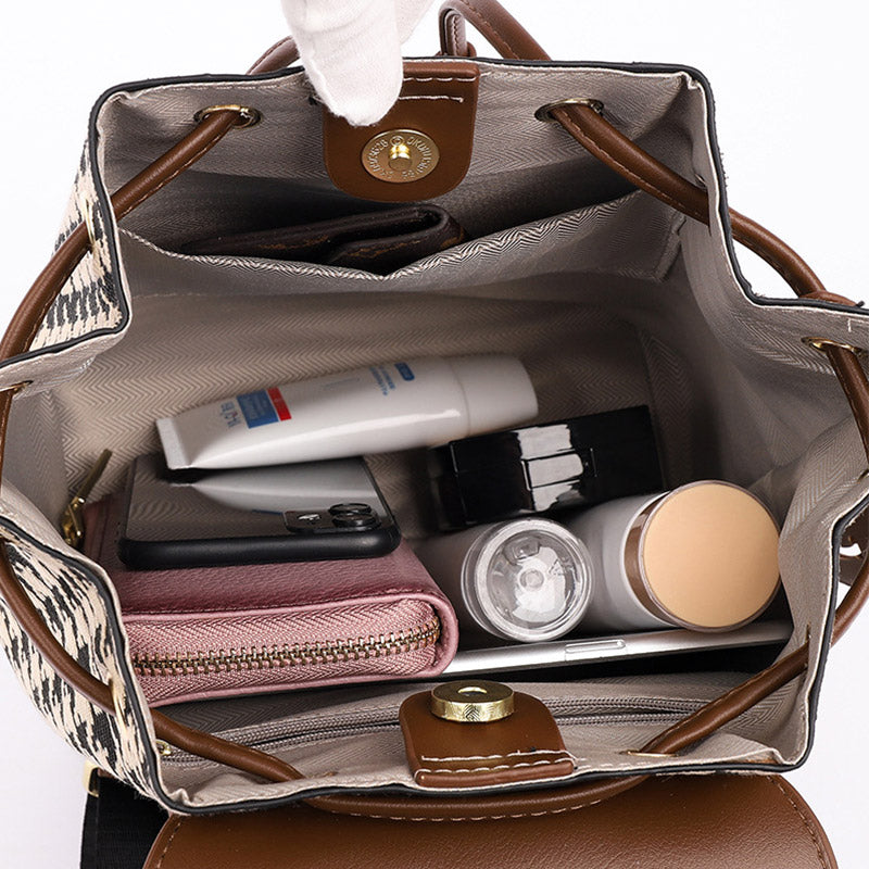 Damen Mini-Rucksack Geldbörse Hahnentrittmuster Klappe Tagesrucksack Leder Schultertasche