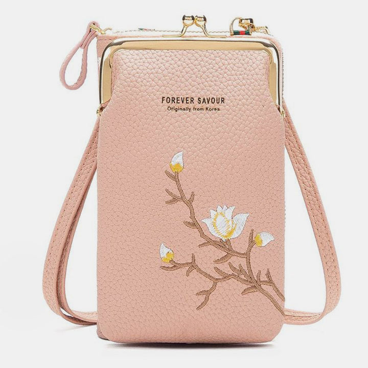Elegante Umhängetasche fürs Handy mit mehreren Fächern und Blumenstickerei