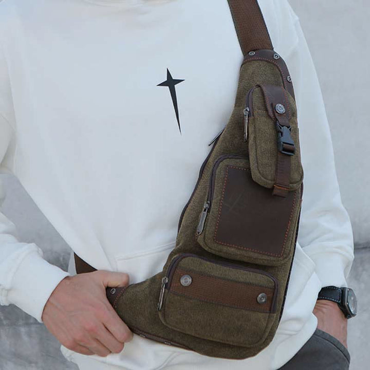 Sling Bag für Herren, schwarze Vintage-Business-Umhängetasche aus Canvas