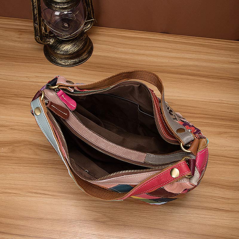 Mehrfarbige Boston-Tasche aus echtem Leder mit Blumenmuster, Hobo-Tragetasche, Umhängetasche