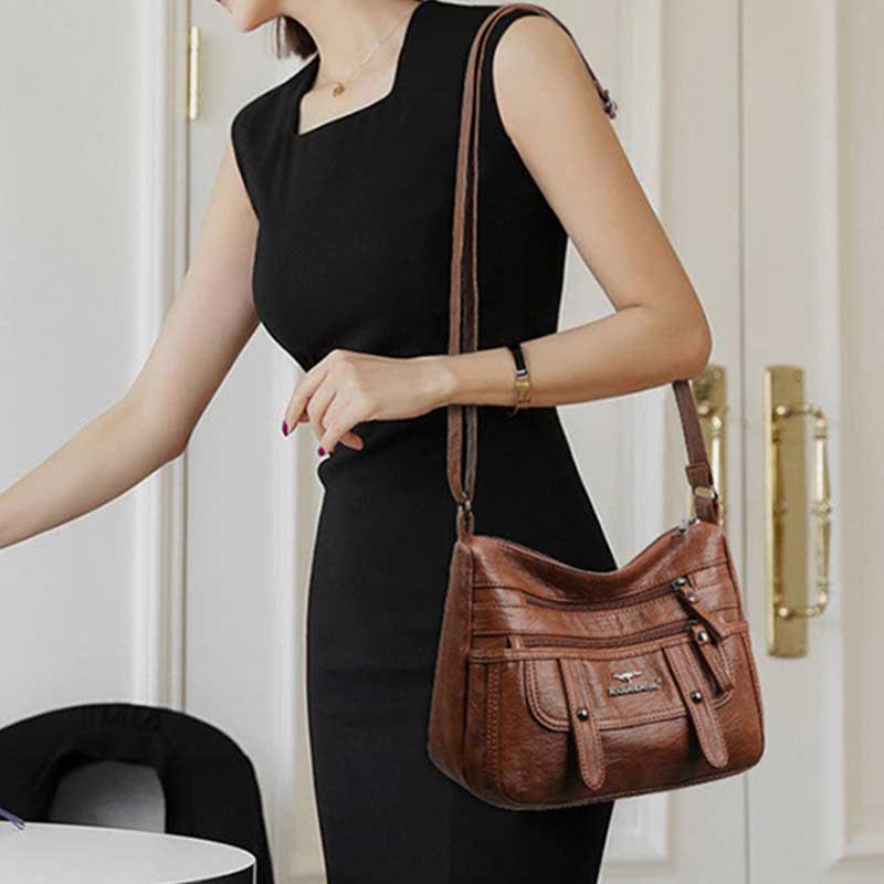 Umhängetasche für Damen, mehrere Taschen, weiches Leder, Reißverschlusstasche, Schultertasche