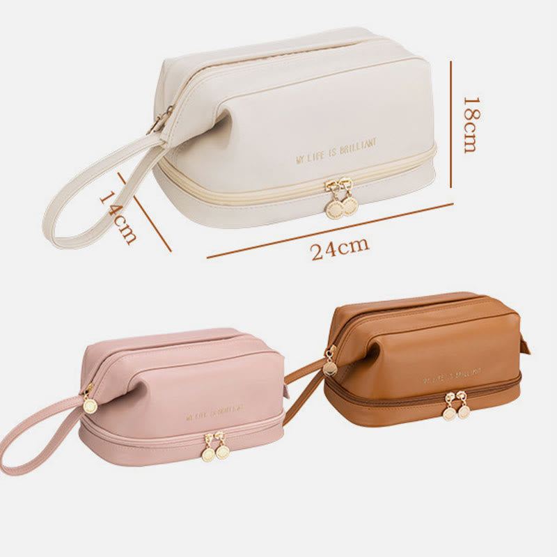 Make-up-Tasche für Damen, tragbare Reise-Kulturtasche aus Leder