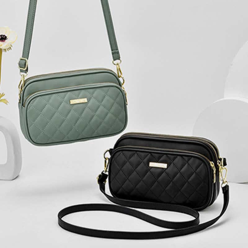 Umhängetasche mit drei Reißverschlüssen, gestepptes Leder, Schultertasche für Damen
