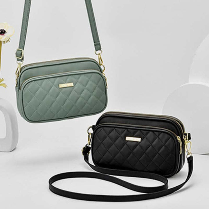 Umhängetasche mit drei Reißverschlüssen, gestepptes Leder, Schultertasche für Damen