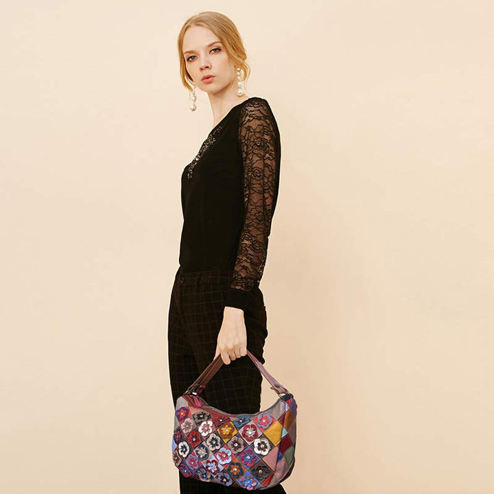 Mehrfarbige Boston-Tasche aus echtem Leder mit Blumenmuster, Hobo-Tragetasche, Umhängetasche