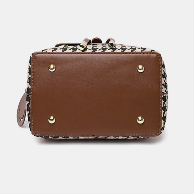 Damen Mini-Rucksack Geldbörse Hahnentrittmuster Klappe Tagesrucksack Leder Schultertasche