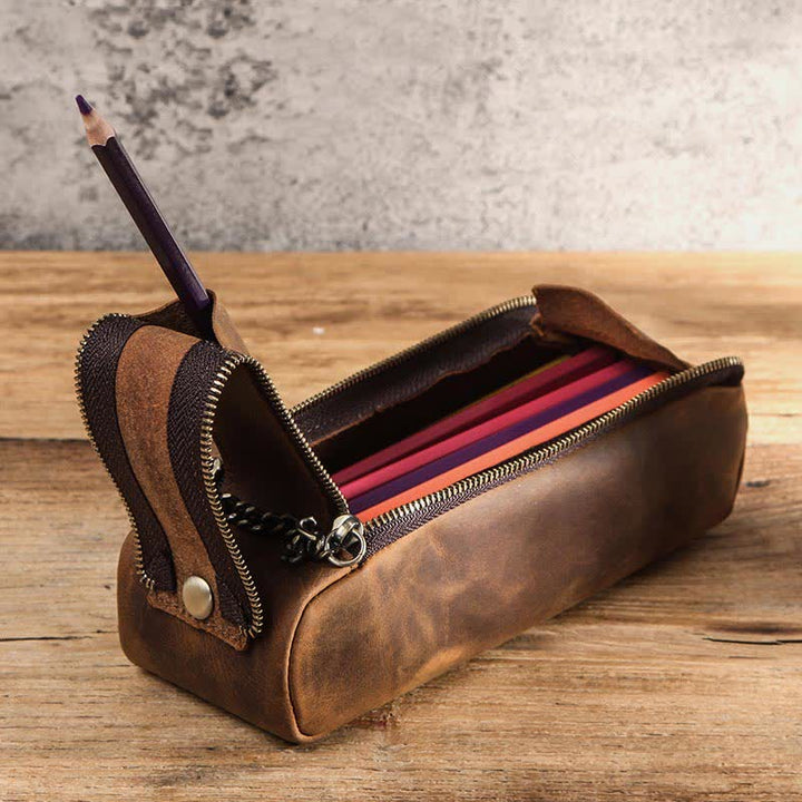 Retro-Make-up-Tasche aus echtem Leder, Mehrzweck-Reißverschluss, Federmäppchen