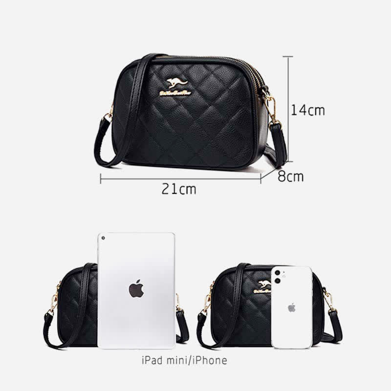 Umhängetasche mit 3 Reißverschlüssen für Damen, gestepptes Kunstleder, kleine Schultertasche