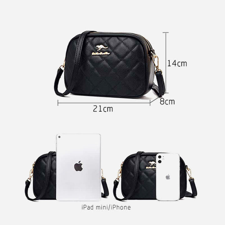 Umhängetasche mit 3 Reißverschlüssen für Damen, gestepptes Kunstleder, kleine Schultertasche