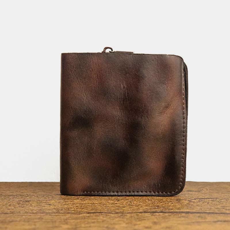 Ledergeldbörse für Herren, doppelt faltbar, Vintage, kurze Geldbörse mit Reißverschluss - Sattelbraun - image 20