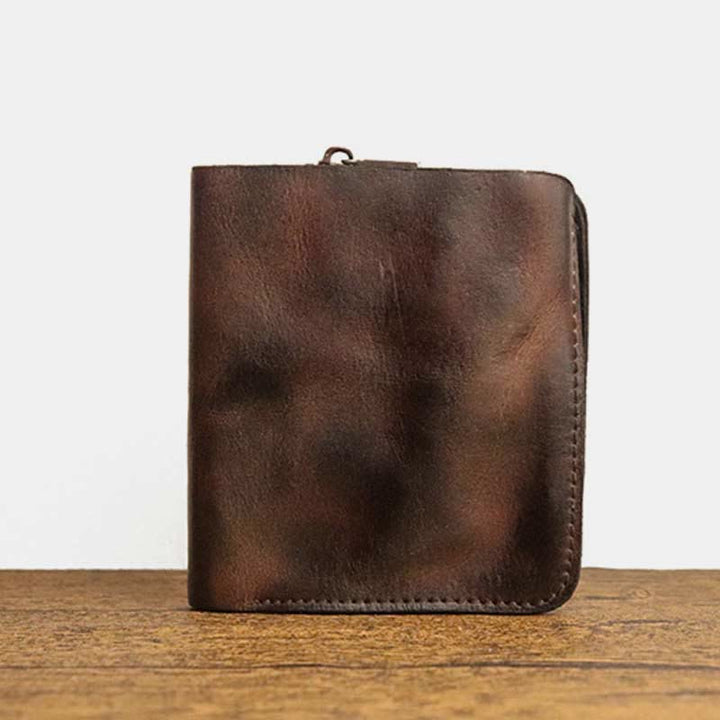 Ledergeldbörse für Herren, doppelt faltbar, Vintage, kurze Geldbörse mit Reißverschluss - Sattelbraun - image 20