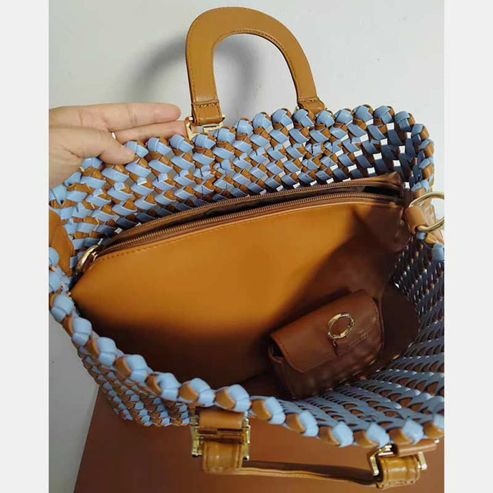 Handtasche für Damen, gewebte Umhängetasche aus Leder mit großem Fassungsvermögen