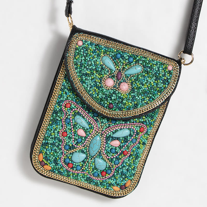 Bohemian Handytasche Damen Muschel Blumen Muster Magnetische Umhängetasche