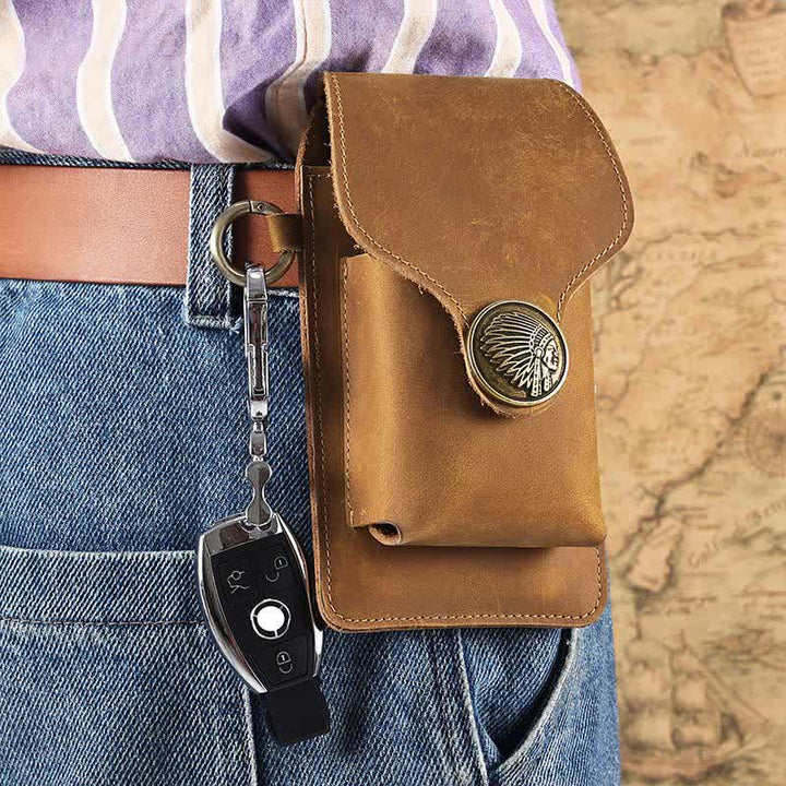 Vintage Leder Flip Handytasche Gürteltasche mit Zigarettenfach