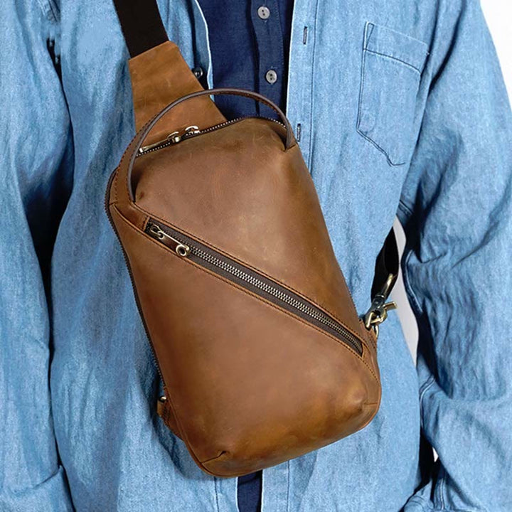 Herren Umhängetasche aus Leder, Schultertasche, Outdoor-Reisetasche, Brusttasche, Daypack
