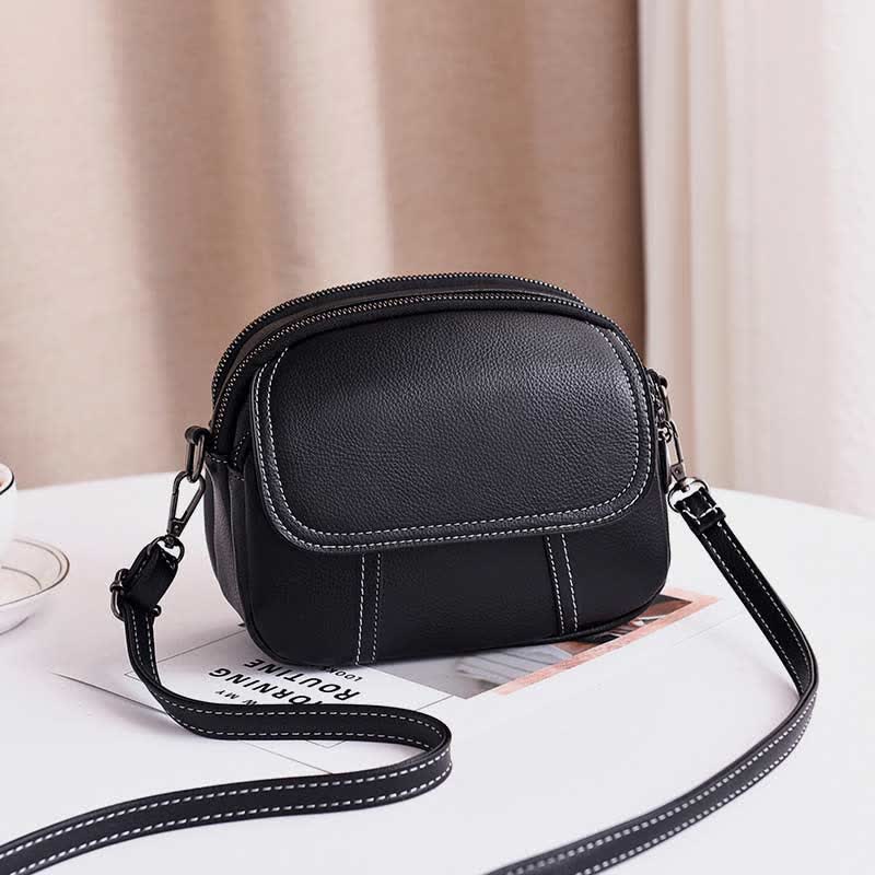 Kleine Umhängetasche mit dreifachem Reißverschluss, Leder, Handy-Geldbörse, Schultertasche