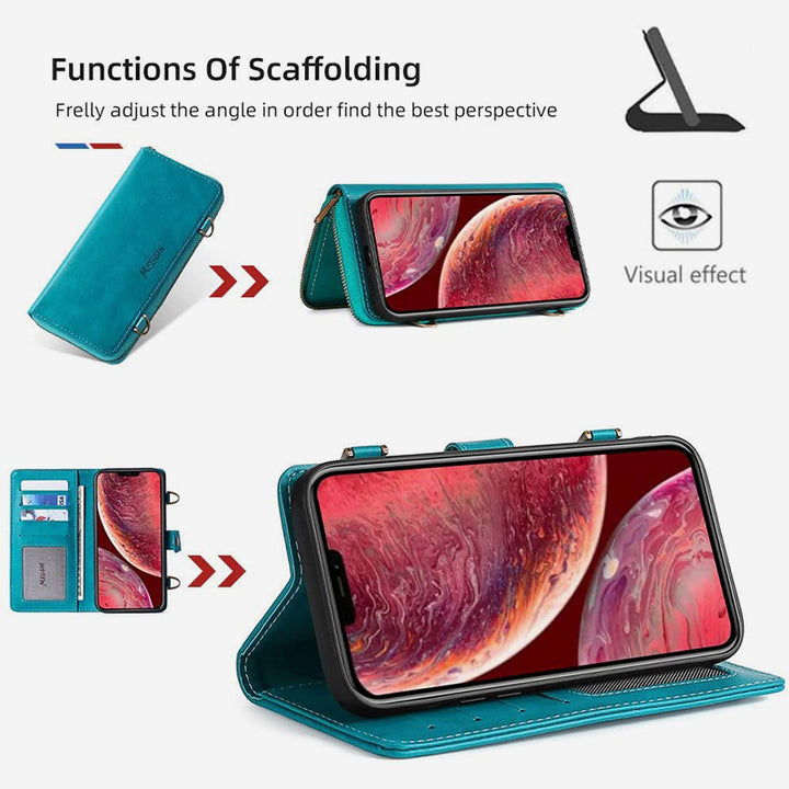 Brieftaschenhülle für iPhone Samsung [2 in 1] Magnetische abnehmbare Geldbörse [Crossbody-Kette] Folio Flip Card Solt Protection Back Cover