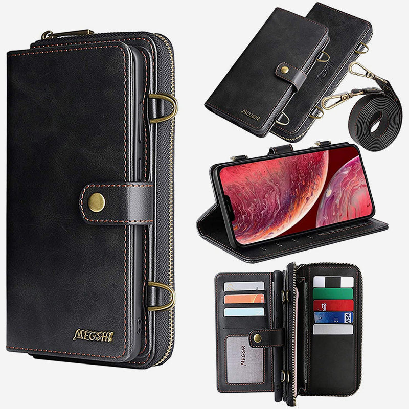 Brieftaschenhülle für iPhone Samsung [2 in 1] Magnetische abnehmbare Geldbörse [Crossbody-Kette] Folio Flip Card Solt Protection Back Cover