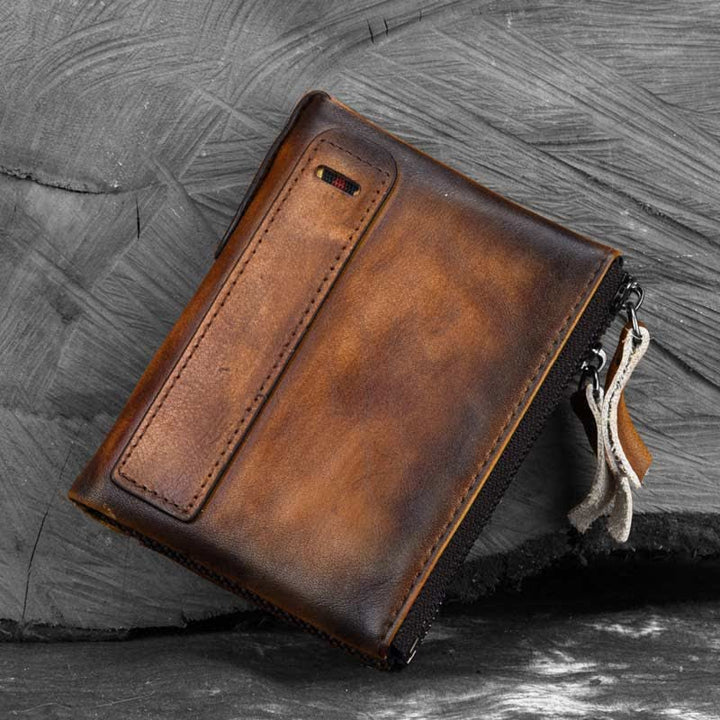 Zweifach gefaltete RFID-blockierende Lederbrieftasche, kurze Vordertaschen-Geldbörse für Herren