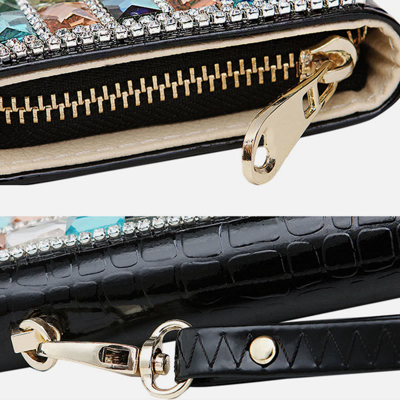 Lange Lederclutch für Damen mit Diamanten besetzte Münzbörse