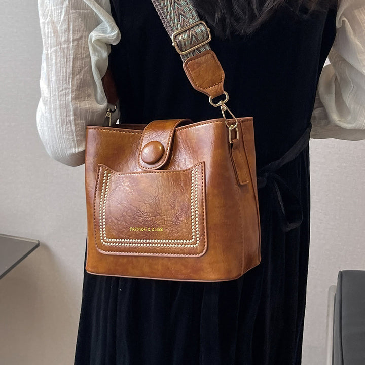 Damen Bucket Bag mit breitem Riemen, einfarbig, elegante Umhängetasche