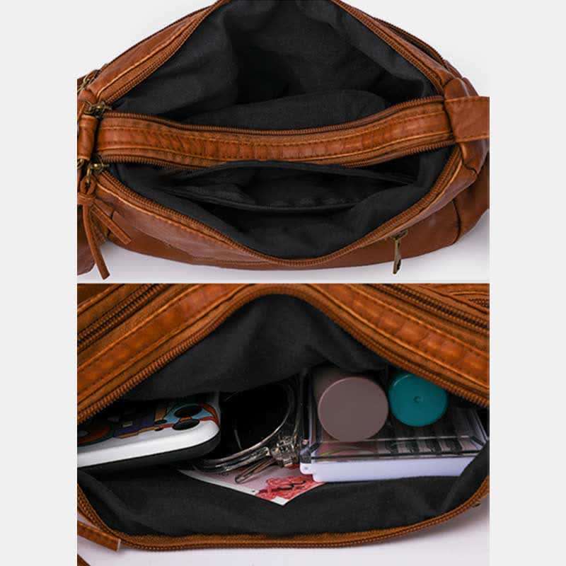 Umhängetasche aus weichem Leder mit zwei Fächern, Retro-Handtasche für Damen