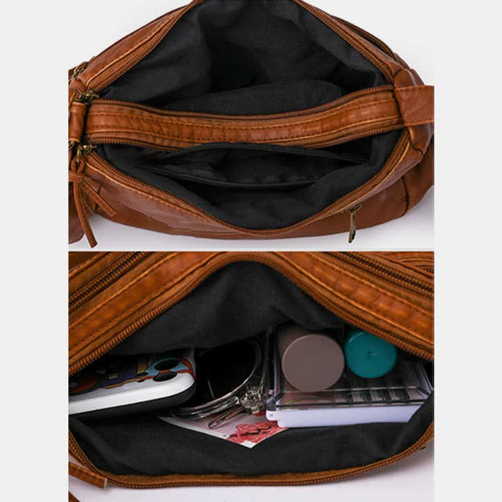 Umhängetasche aus weichem Leder mit zwei Fächern, Retro-Handtasche für Damen