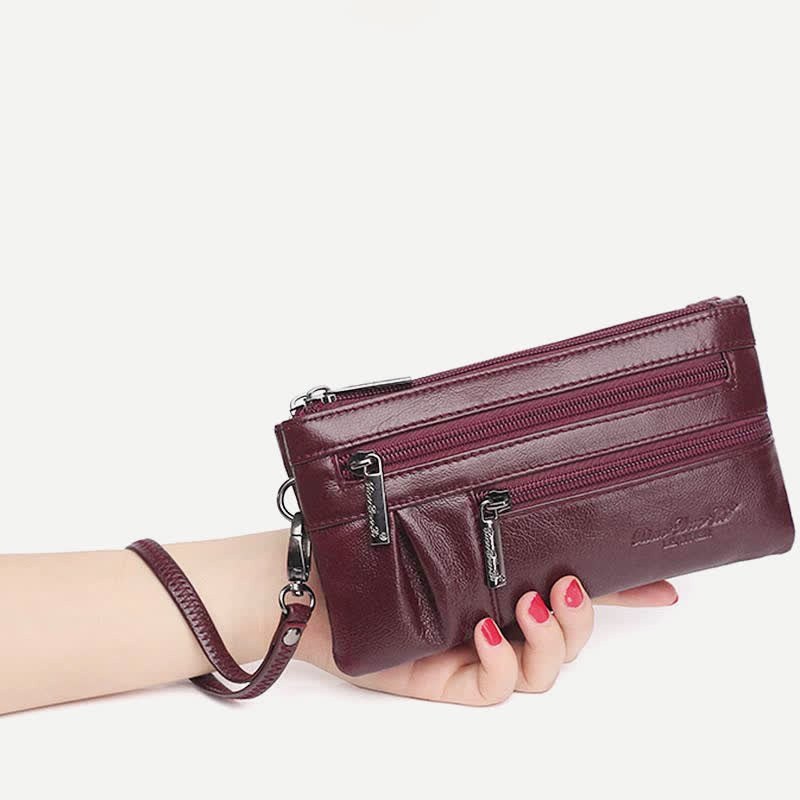 Clutch-Geldbörse für Damen, mehrere Taschen, Echtleder-Geldbörse mit Umhängegurt