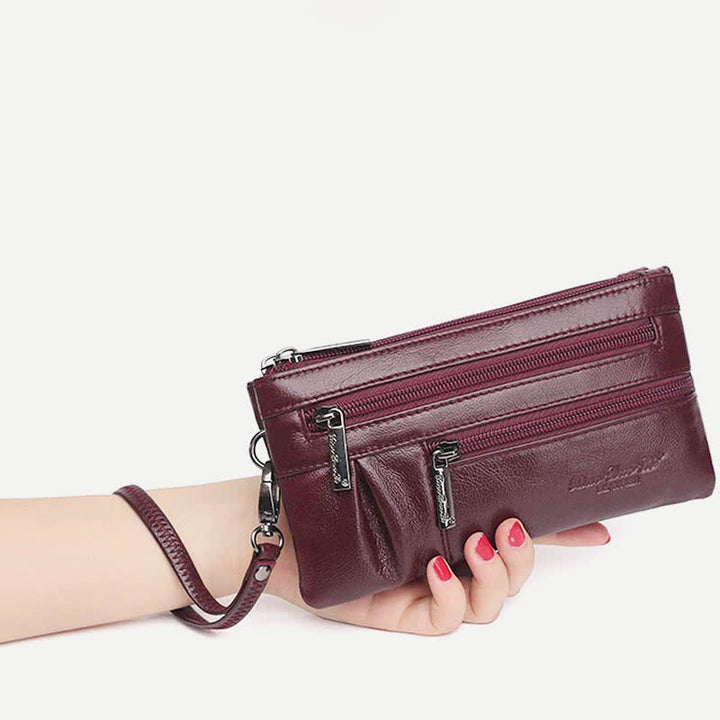 Clutch-Geldbörse für Damen, mehrere Taschen, Echtleder-Geldbörse mit Umhängegurt
