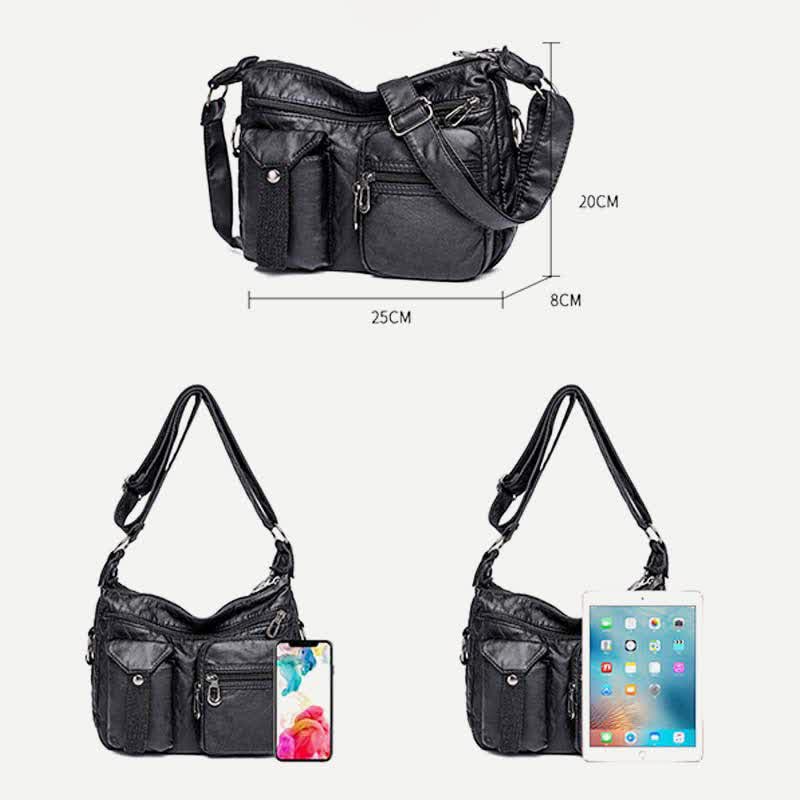 Damen Umhängetasche aus weichem Leder mit zwei Fächern, geräumige Handtasche, Schultertasche