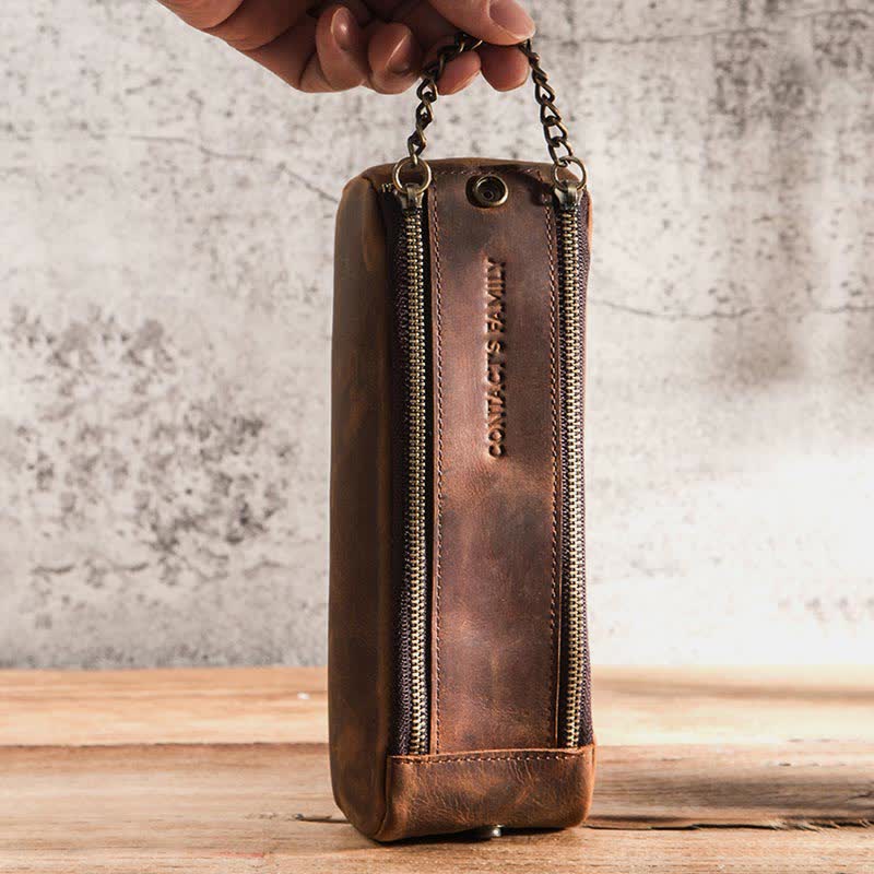 Retro-Make-up-Tasche aus echtem Leder, Mehrzweck-Reißverschluss, Federmäppchen