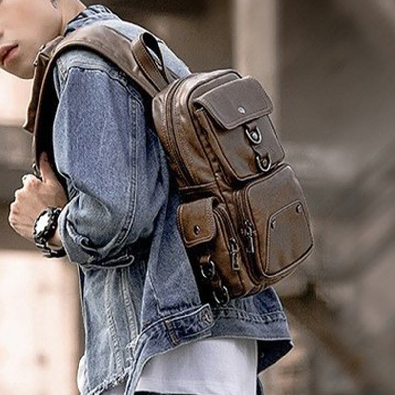 Retro-Schultertasche aus Leder mit Diebstahlschutz und interaktiven Taschen, geräumiger Tagesrucksack