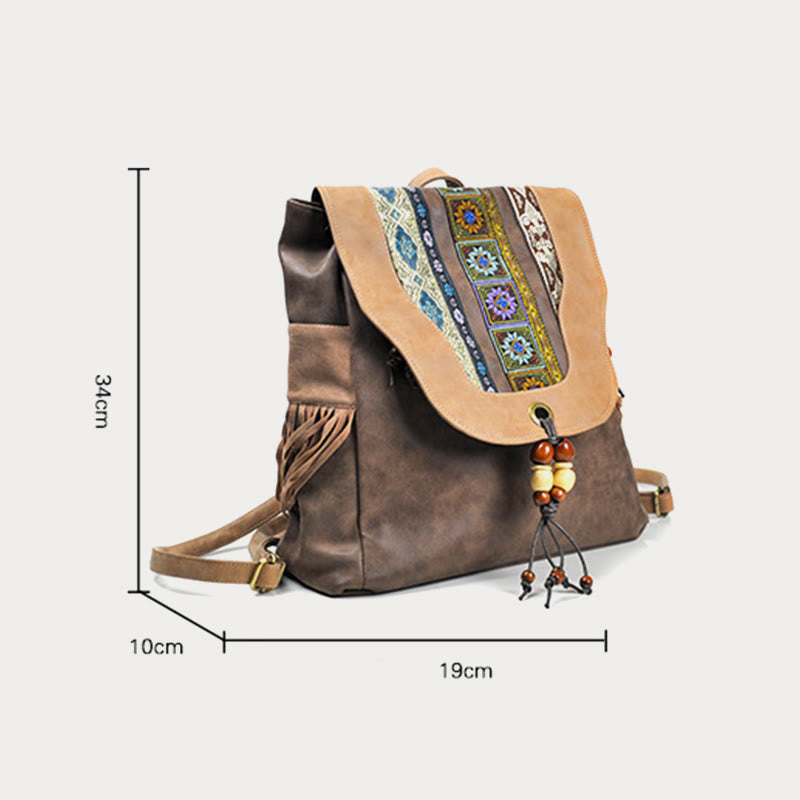 Rucksack für Damen im ethnischen Stil mit Druck und Quaste, Tagesrucksack aus Leder