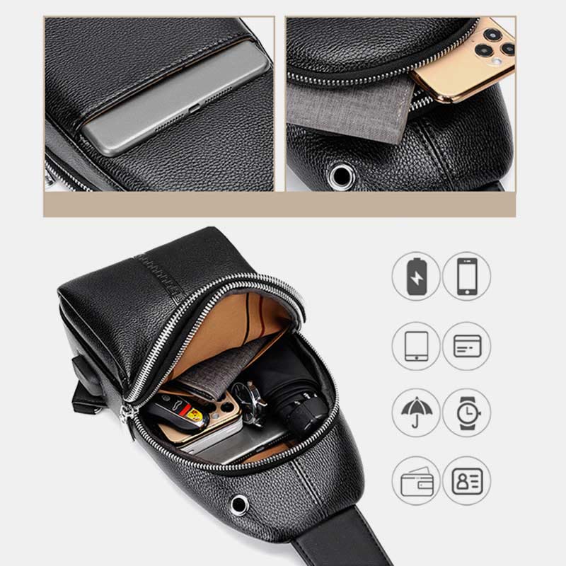 Sling Bag für Herren, schwarzes Leder, lässige Einkaufs-Umhängetasche