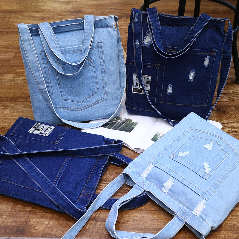 Denim Tote für Ausflüge Retro Canvas zerrissene Umhängetasche - image 8