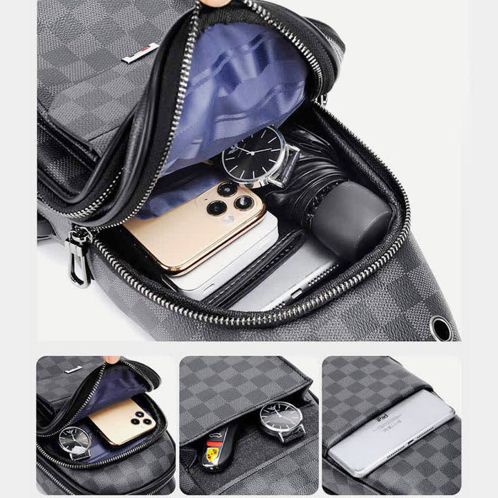 Lässiger Tagesrucksack aus Leder, Schultertasche, Brusttasche mit USB-Ladeanschluss