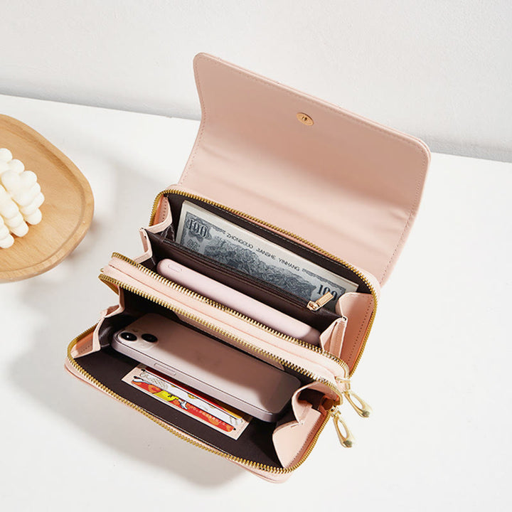 Handytasche mit doppeltem Reißverschluss, gesteppte Umhängetasche, Geldbörse, Clutch